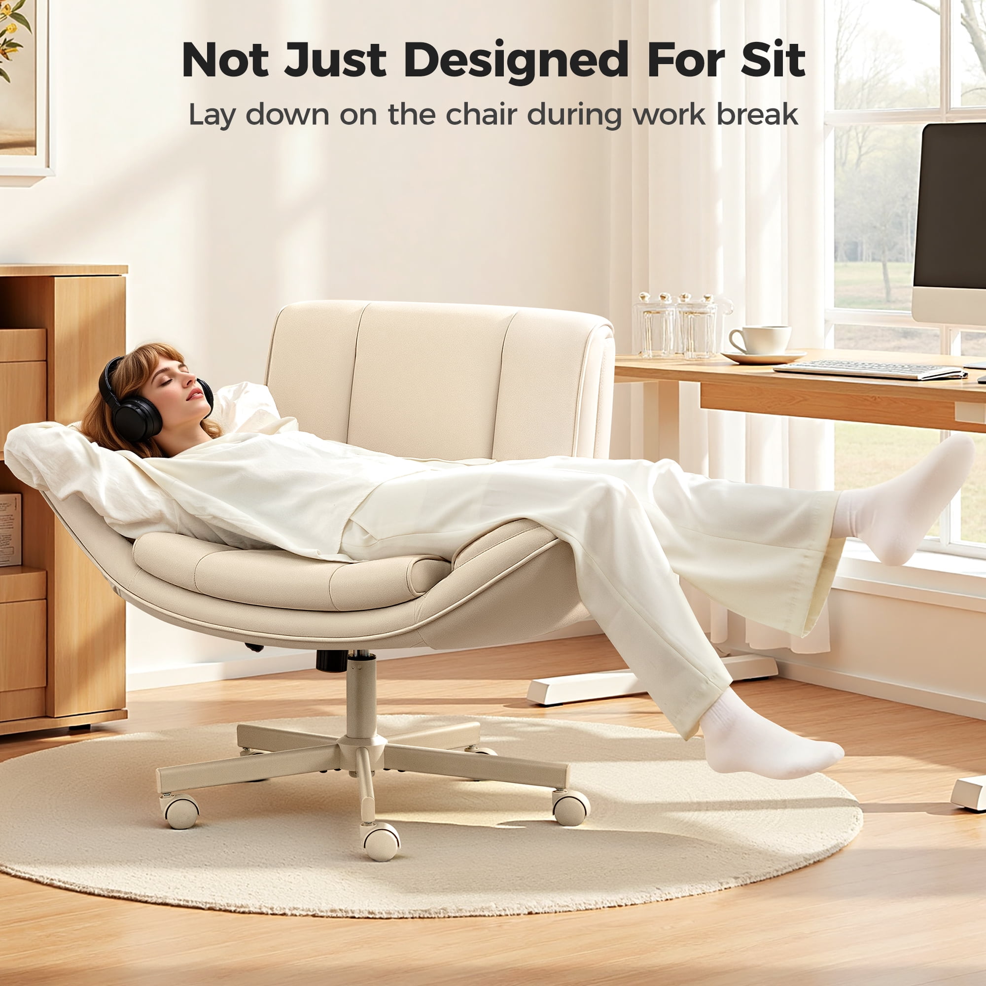 COOLHUT Criss Cross Office Chair with Armrests and Wheels, PU Leather Vanity Chair, Comfy Adjustable Swivel Computer Office Desk Chairs for Home Office, Make Up, Bedroom, Beige