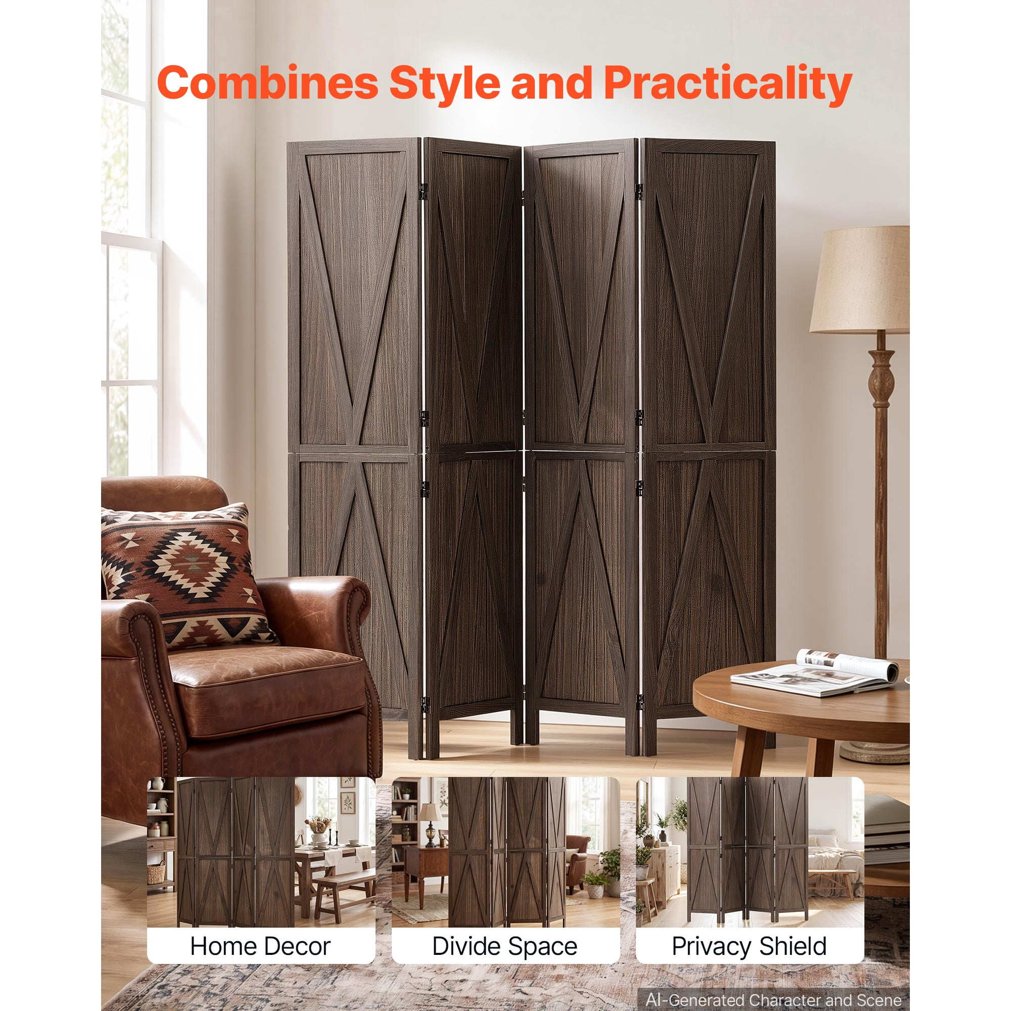 KFFKFF 4-Panel Wooden Room Divider with X Pattern, Folding Privacy Screen for Home Decor and Room Separation, 67 Inches Tall, Solid Frame, 360° Two-Way Hinges, Rustic Wooden Partition with Hardware