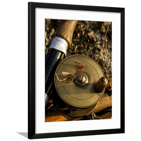 Traditional Brass Fishing Reel Fitted to a Split-Cane Fly Rod with Trout Fishing Flies, UK Framed Print Wall Art By John