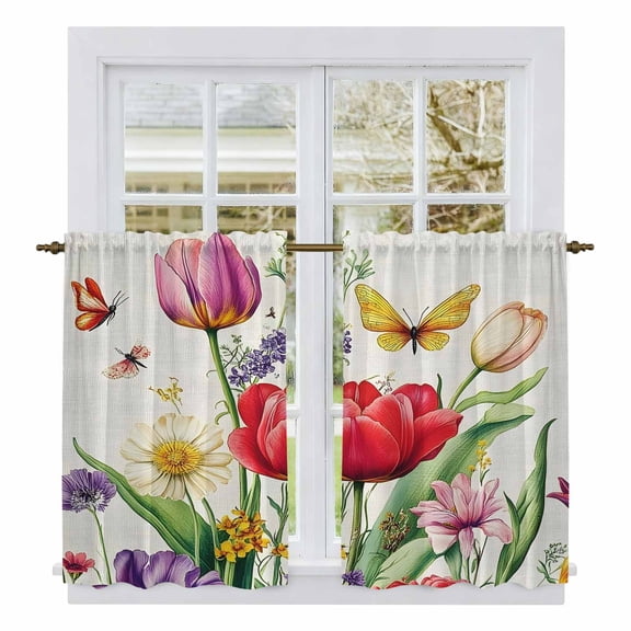 Spring Floral Tier Curtains, Colorful Tulip Butterfly Botanical Elegant Light Filtering Kitchen Curtains, 2Pcs Rod Pocket Half Window Treatments Panels for Sink Cafe Cabinet Basement 27.5x45 Inches