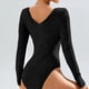 thumbnail image 5 of Body Básico de Cuello en V para Mujer, de Canalé y Larga, para Otoño. Negro XS, 5 of 9