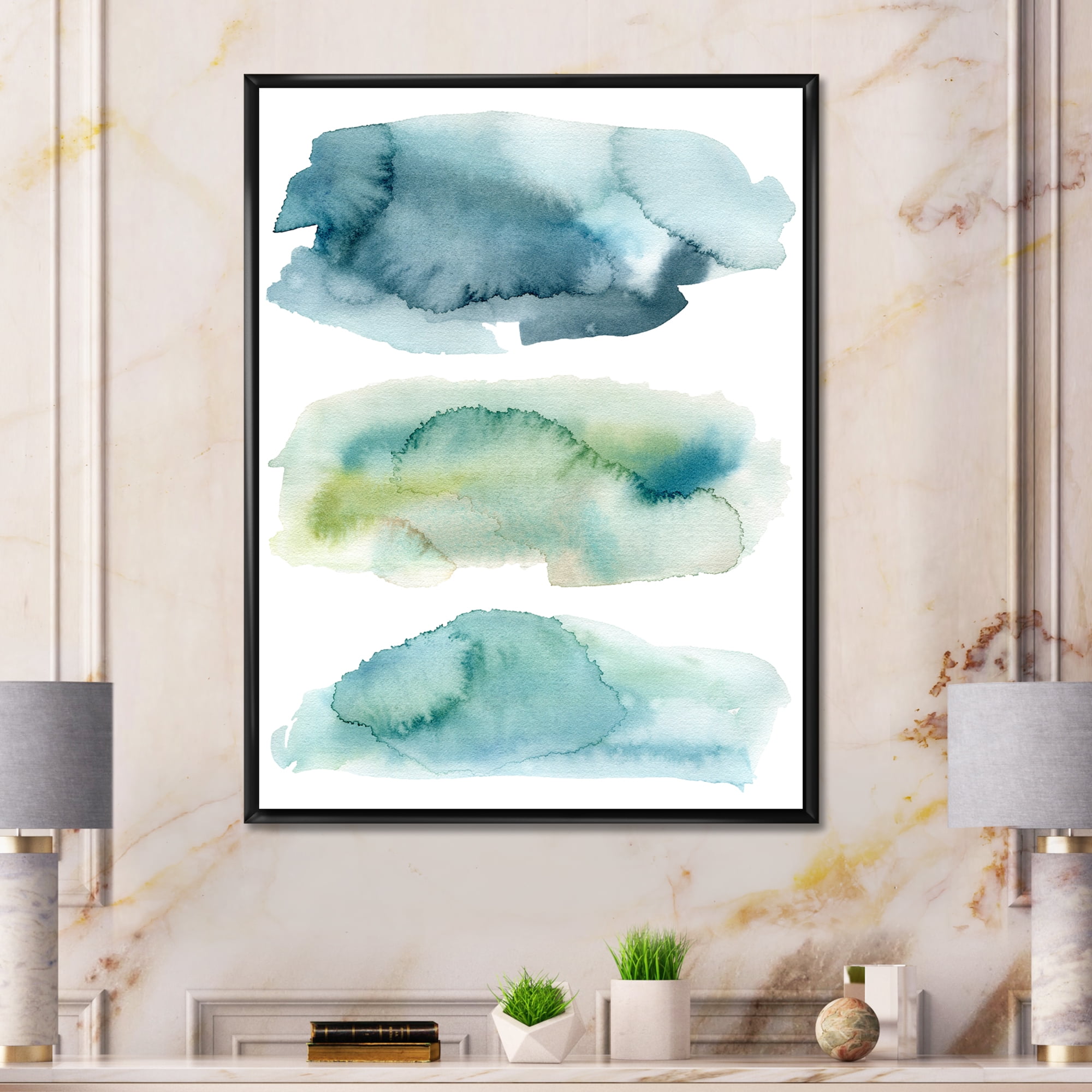 Designart 'Green and Blue Clouds' Modern Framed Canvas Wall Art Print