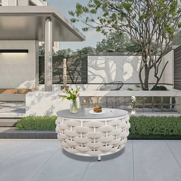 Vmopu Beige Round Olefin Woven Rope Aluminum Patio Outdoor Coffee Table with Rock Slabs