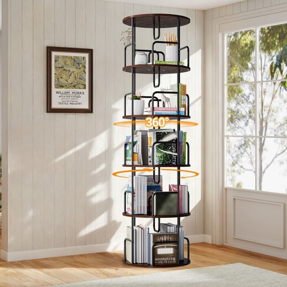LUMAMIN Rotating Bookshelf Tower,  5 Tier Metal 360° Spinning Bookcase, Narrow Tall Vertical Revolving Book Shelf Corner Organizer for Bedroom, Living Room or Office, Walnut
