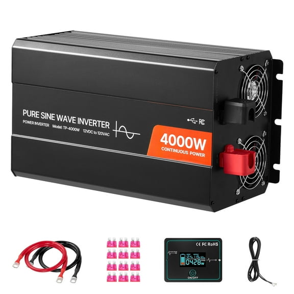 KFFKFF 4000W Pure Sine Wave Power Inverter, 12V DC to 120V AC Converter with LCD Screen, Remote Control, USB Ports, Type-C, and AC Outlets for RVs, Trucks