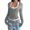 thumbnail image 6 of Lumistal Women's Long Sleeve Shirts Low Cut Slim Fit T Shirts Y2K Going Out Tops for Women Cropped Top Basic T-Shirt Tee Streetwear Daily Wear Grey M, 6 of 6