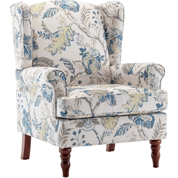 WANBIN Floral Accent Chair - High Back Upholstered Armchair with Solid Legs, Blue Floral