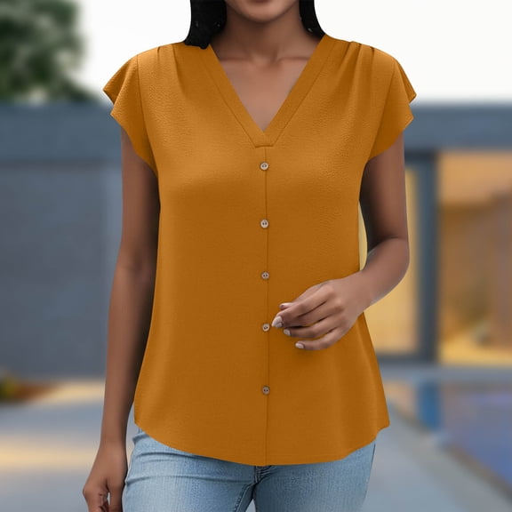 HongQid Women's Short Sleeve Round Neck Tops Summer Ruffle Sleeve Dressy Button Down T Shirts Casual Cute Ladies Tees