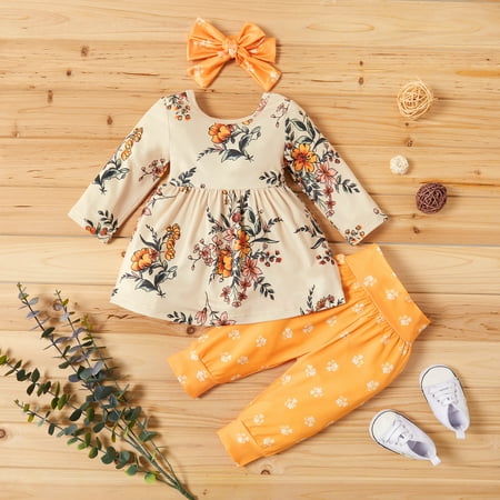 

PatPat 3-piece Baby Pretty Floral Dress Top and Polka Dots Pants with Headband Set