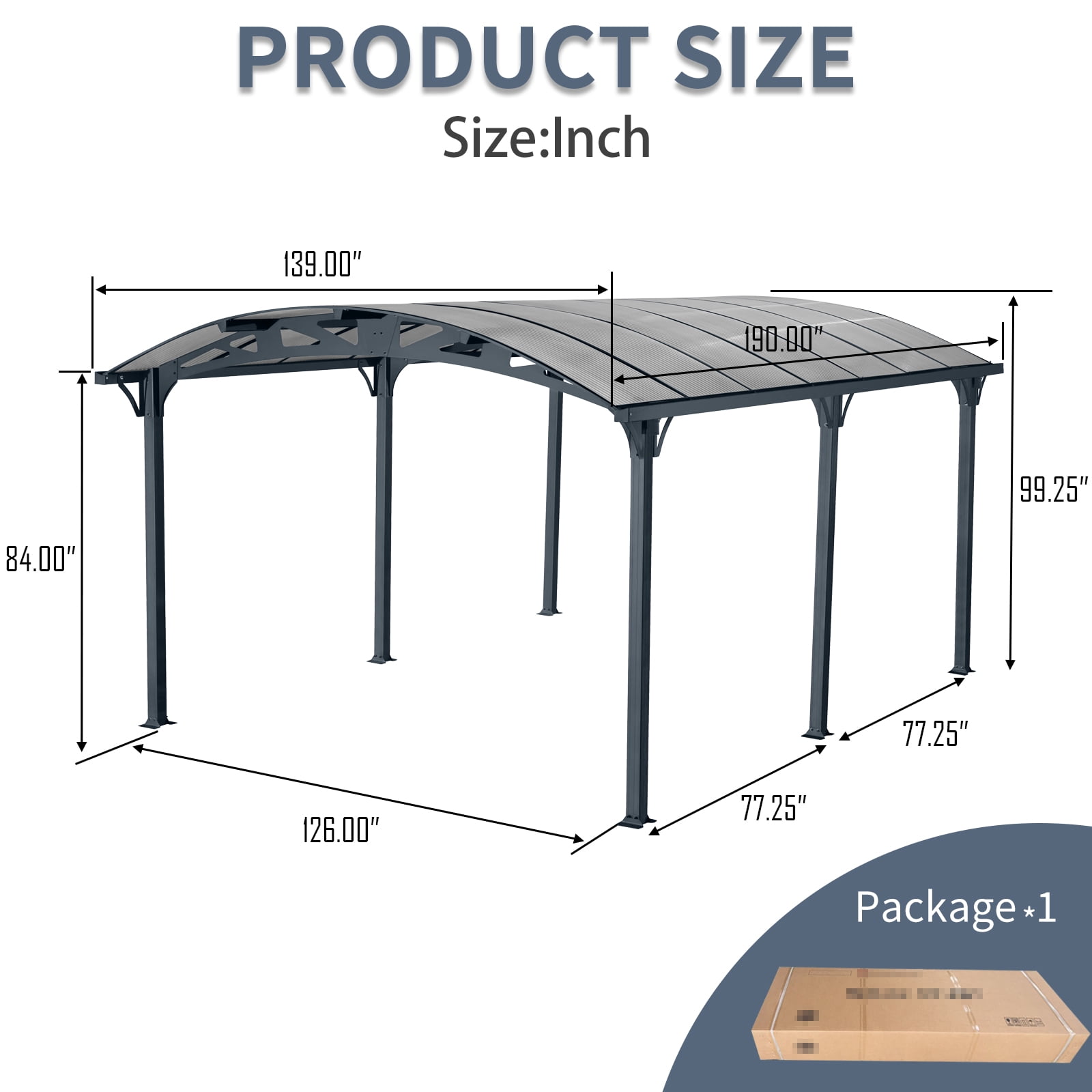 taoruifang 12x16 FT Arch Carport Aluminum Frame Polycarbonate Panels Outdoor Canopy Heavy Duty for Driveway Car Truck Black