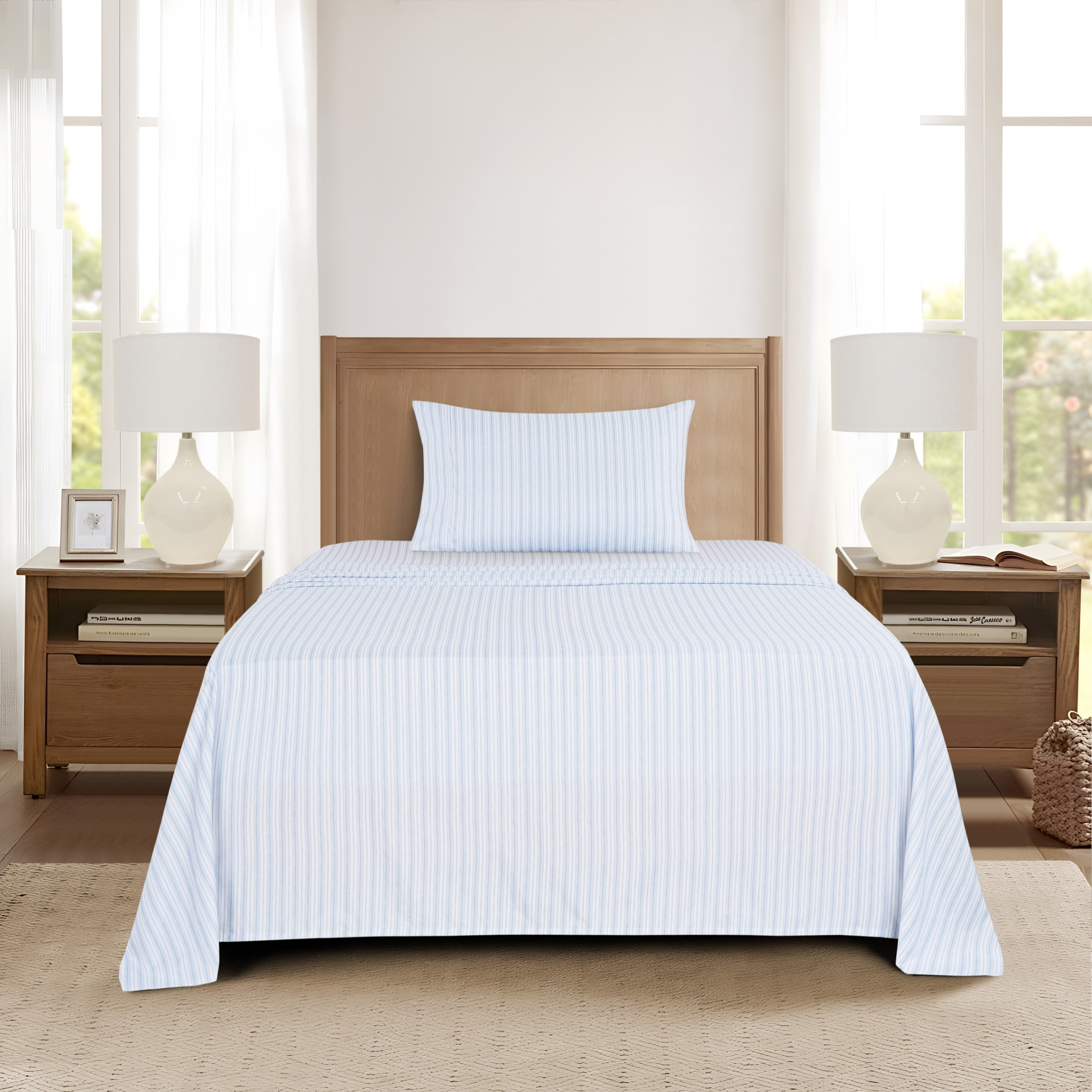 Mainstays Super Soft Brushed Microfiber Bed Sheet Set, Blue Stripe, Twin-XL, 3 Piece