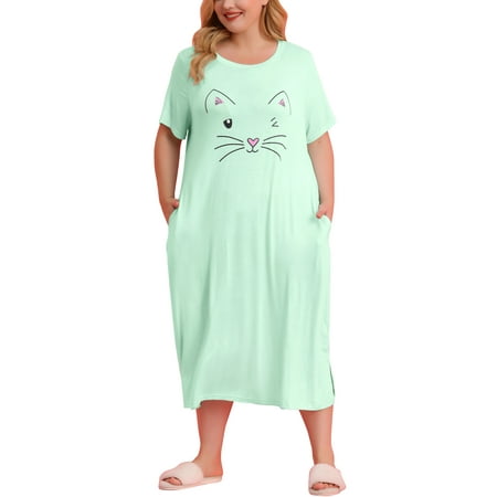 

Unique Bargains Juniors Plus Size Nightgown Cat Print Sleep Dress Sleepwear