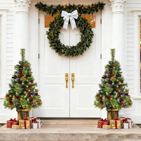 JOYHALO 4FT Outdoor Christmas Trees for Porch with 80 Warm White and Multicolor LED Lights, Pre-lit Potted Christmas Tree with Flocked PVC Branches Pine Needles Berries for Christmas Decoration