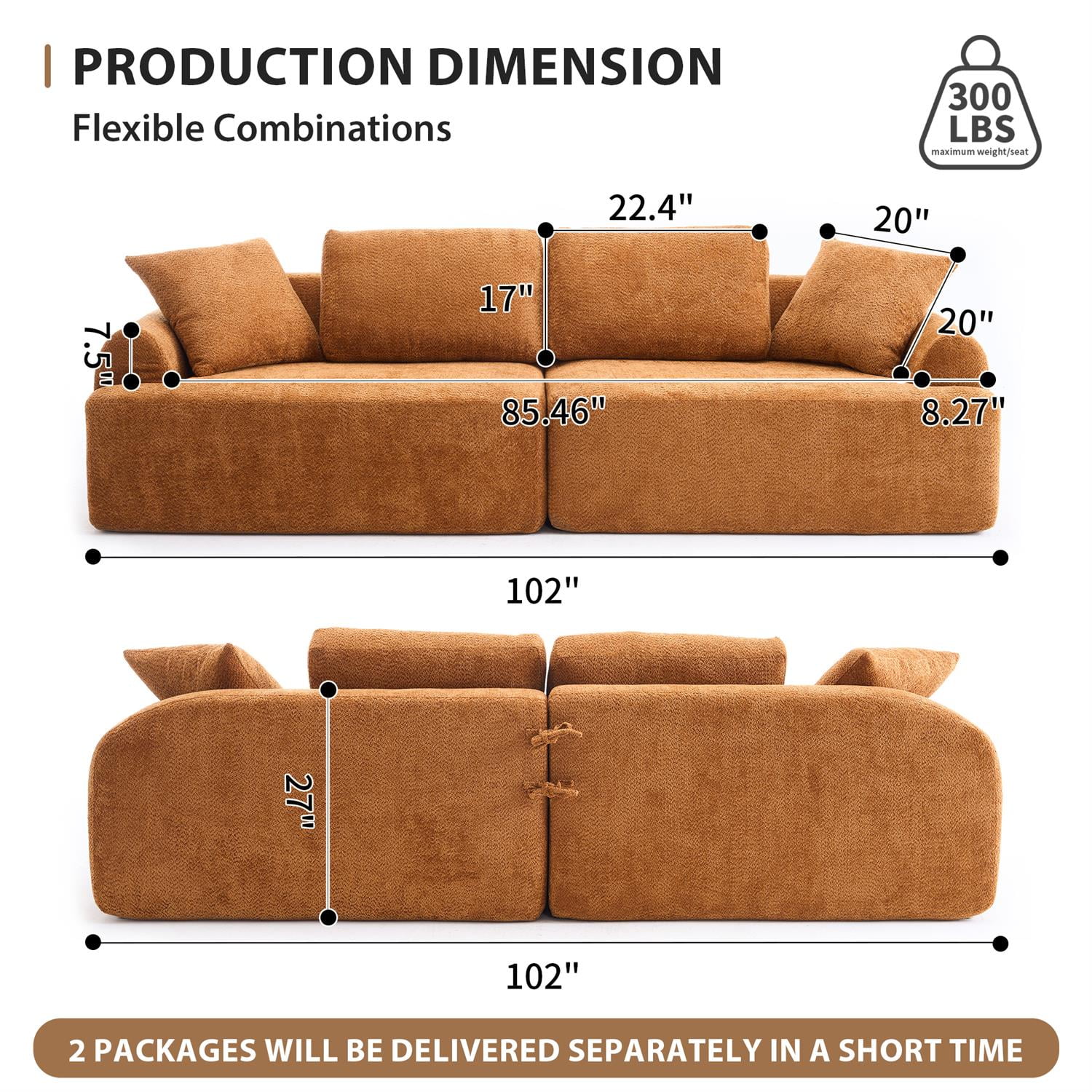 Demi Bonn 103" 4-Seater Crochet Yarn Fabric Sofa with Full Sponge for Living Room, 4 Pillows for Living Room, Office, Modern Couch Furniture, Orange