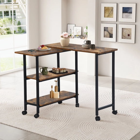 FurnitureR Industrial Folding Side Table with Wheels, Mobile C-Shaped End Table with Storage Shelves for Living Room, Rustic Brown