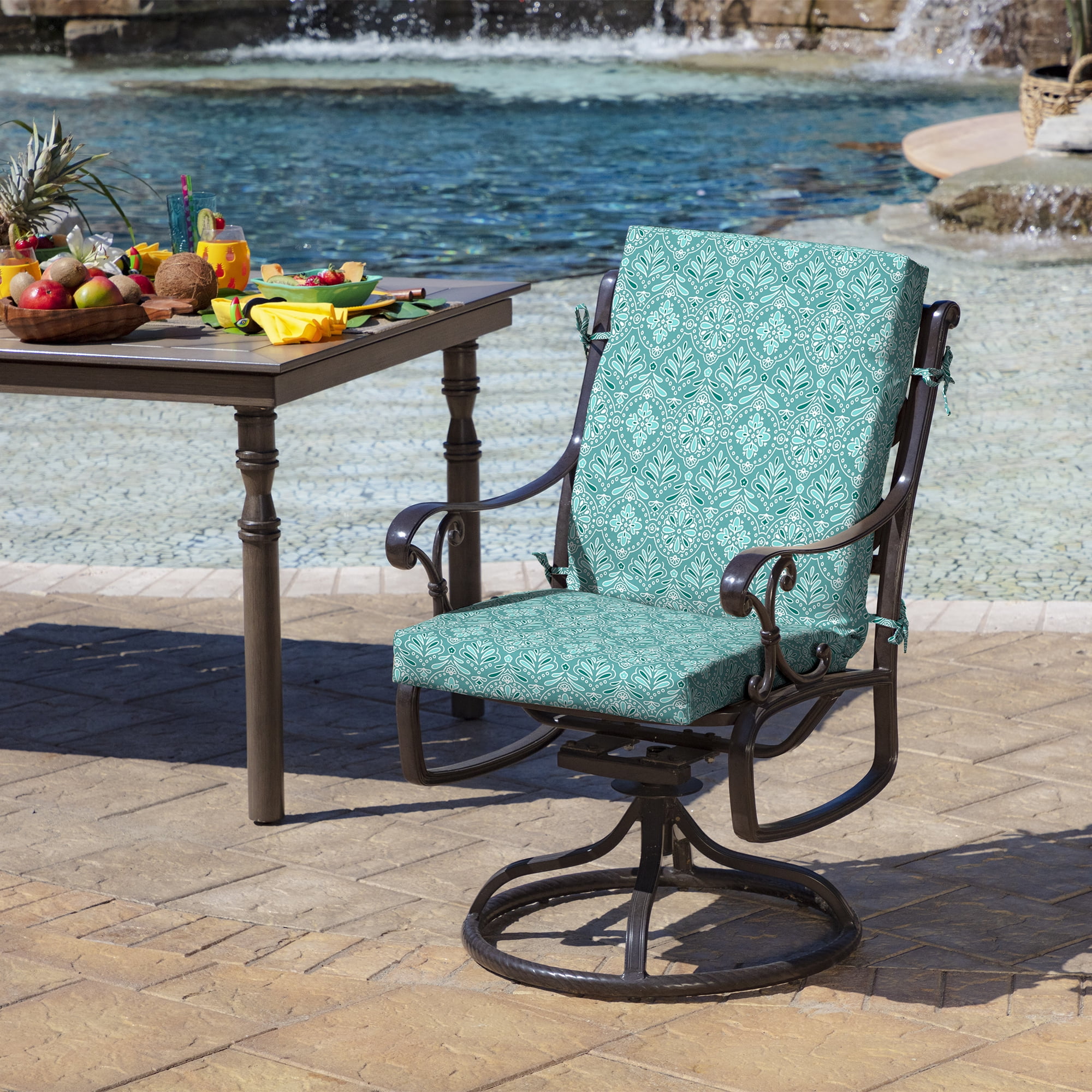 ARDEN Outdoor Dining Chair Cushion, 2 Pack, 20 x 20, Rain-Proof, Fade Resistant, Turquoise Daphne Medallion