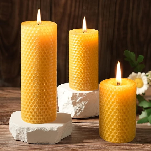 Beeswax Pillar Candles,Hand Rolled Design, 3 Sizes | Beeswax,Up to 60 Hours Time,Clean Wick, for Decor,Meditation,Prayer & Weddings