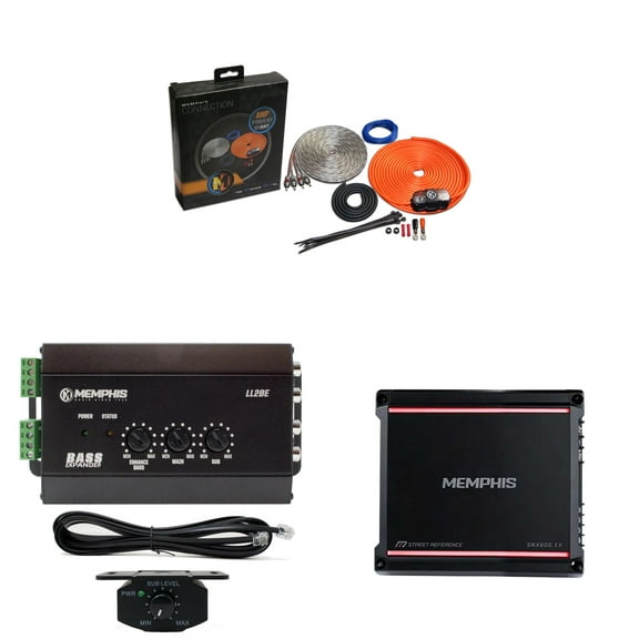 Memphis Audio SRX600.1V Mono 1-ohm 600 Watt Amplifier with 8GKIT 8-Gauge Amp Install Kit -AFS Fuse Holder and LL2BE 2-Channel Line Output Converter with Digital Bass Restoration
