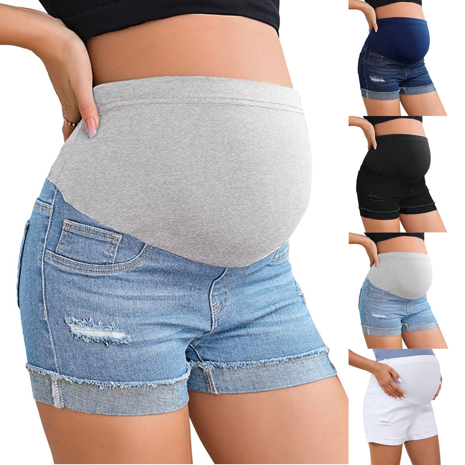 Purcolt Maternity Denim Shorts Over The Belly High Waist Distressed Cuffed Hem Stretchy Comfy Pregnancy Jeans Shorts