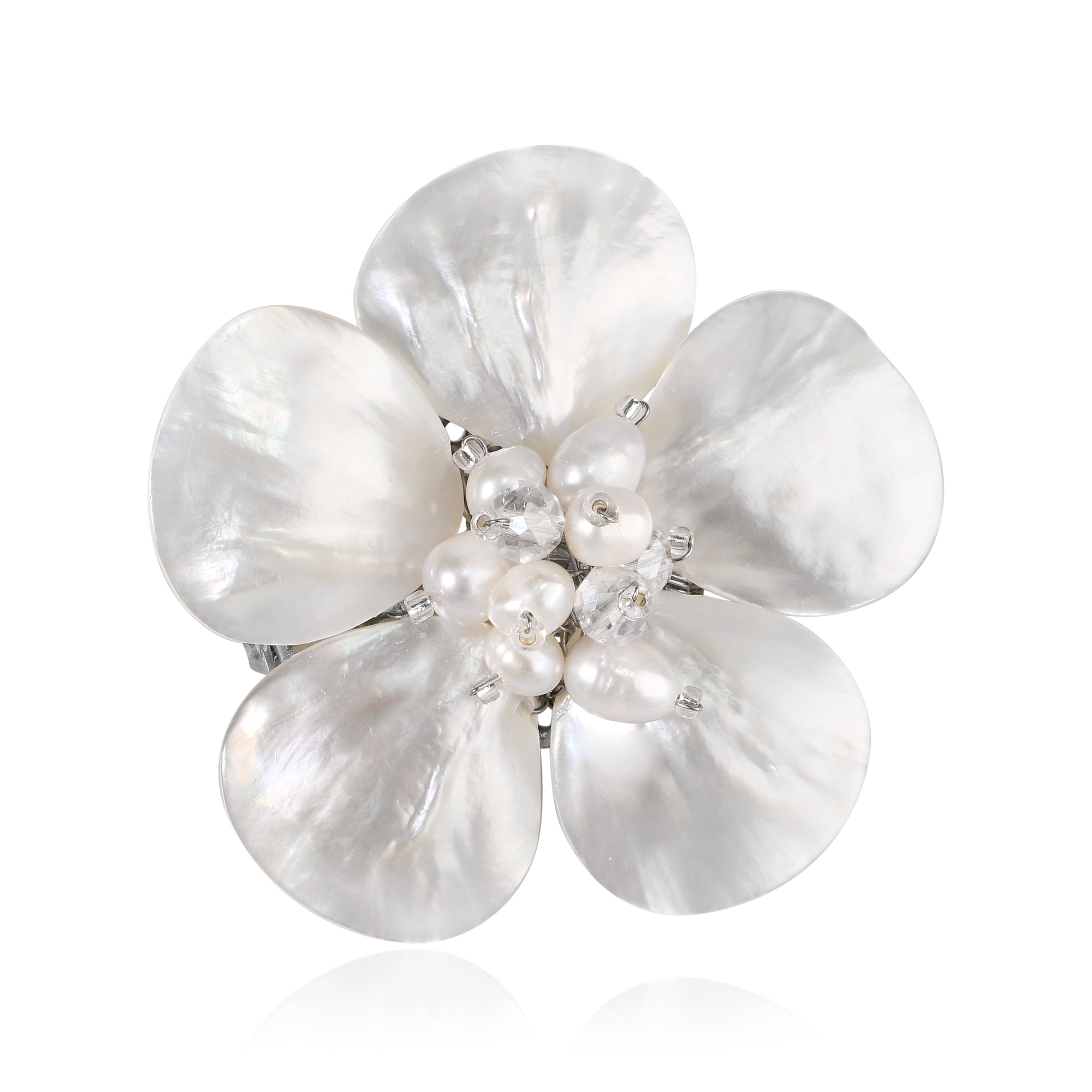 Rhodium Plated Cameo and Faux Pearl Brooch 