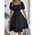 thumbnail image 2 of Women'S Boho Summer Square Neck Puff Sleeve Off Shoulder Smocked Tiered Casual A Line Short Mini Dress Black S, 2 of 8