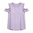 thumbnail image 5 of VBVC Women's Cotton Blend Cold Shoulder Blouse, Ladies' Crew Neck Ruffle Sleeve Top, Casual Button Detail Shirt For Women,Purple,S-2XL, 5 of 7