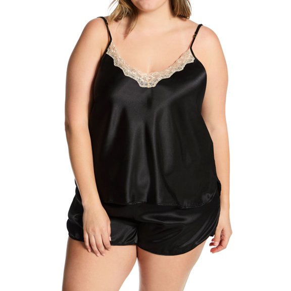 Women's Shadowline 4506X Plus Charming Satin Camisole and Tap Set (Black 1X)