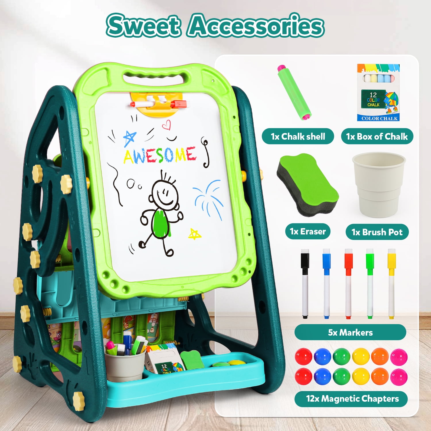 UUSUOO Easel for Kids,Double Sided Art Easel with Magnetic White Board & Chalk Board,Adjustable Standing Kids Easel with Painting Accessories,Christmas Gift for Boys Girls Age 2-6,Green