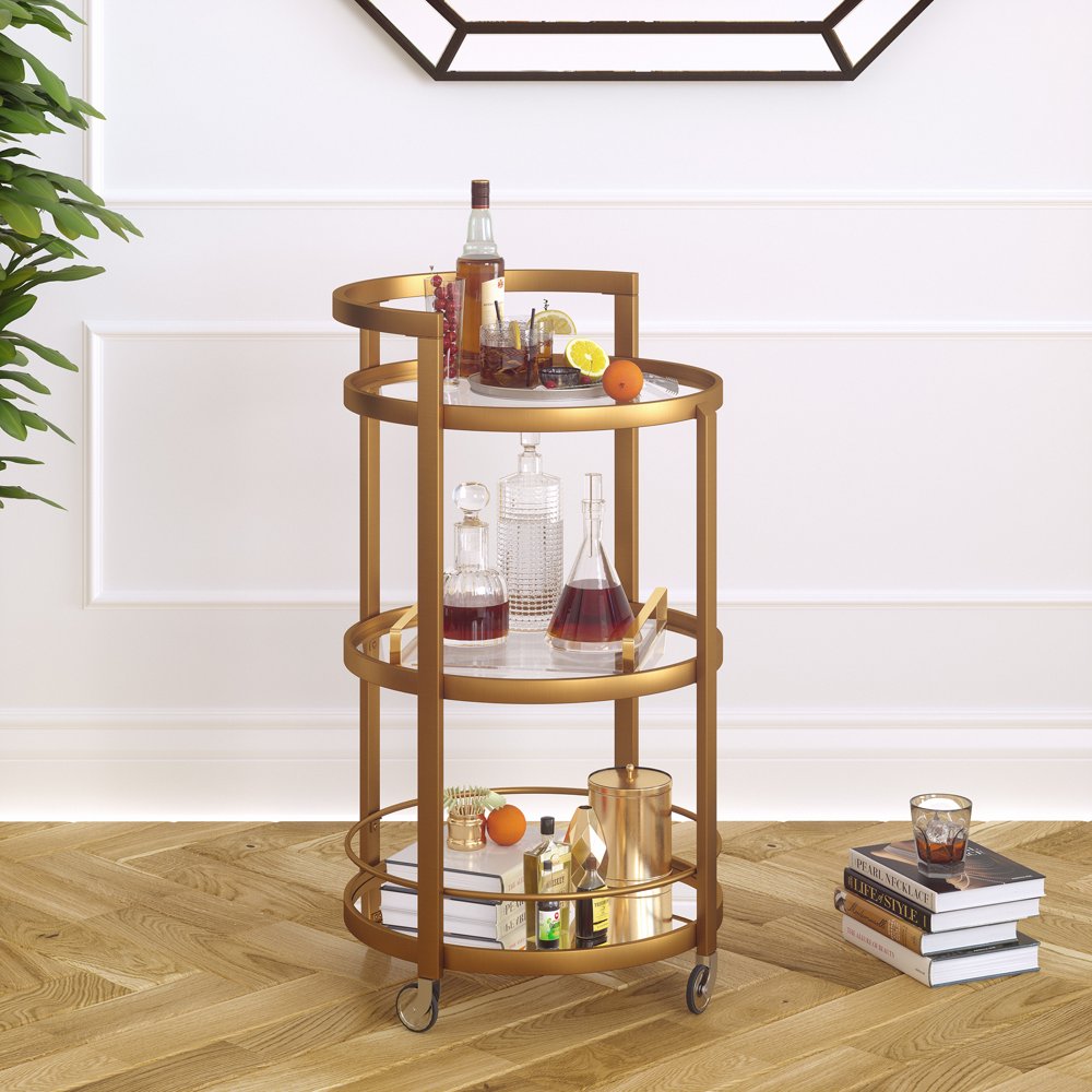 Contemporary Rolling Bar Cart with Wheels, Mirrored Shelves, Round