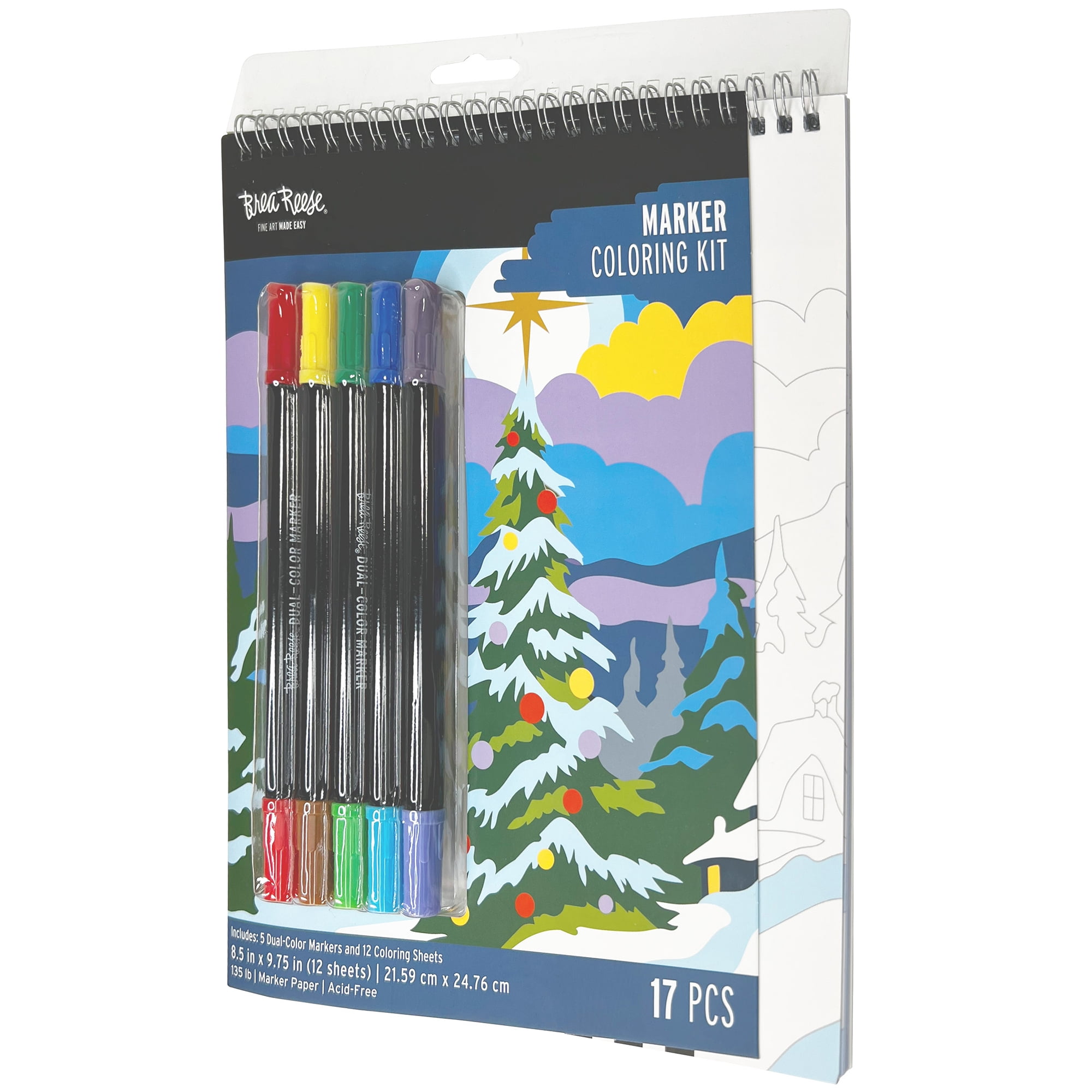 Brea Reese: Marker Coloring Kit - Christmas Tree - 5 Dual-Sided Markers, 12 Holiday-Themed Coloring Pages, Festive Spiral-Bound Art Pad, Adult Craft