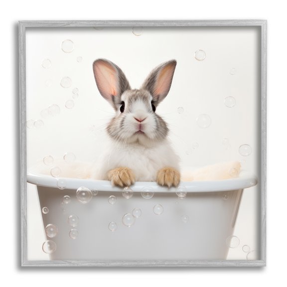 Stupell Industries Rabbit Bubble Bath Animals & Insects Painting Gray Framed Art Print Wall Art, 24 x 24