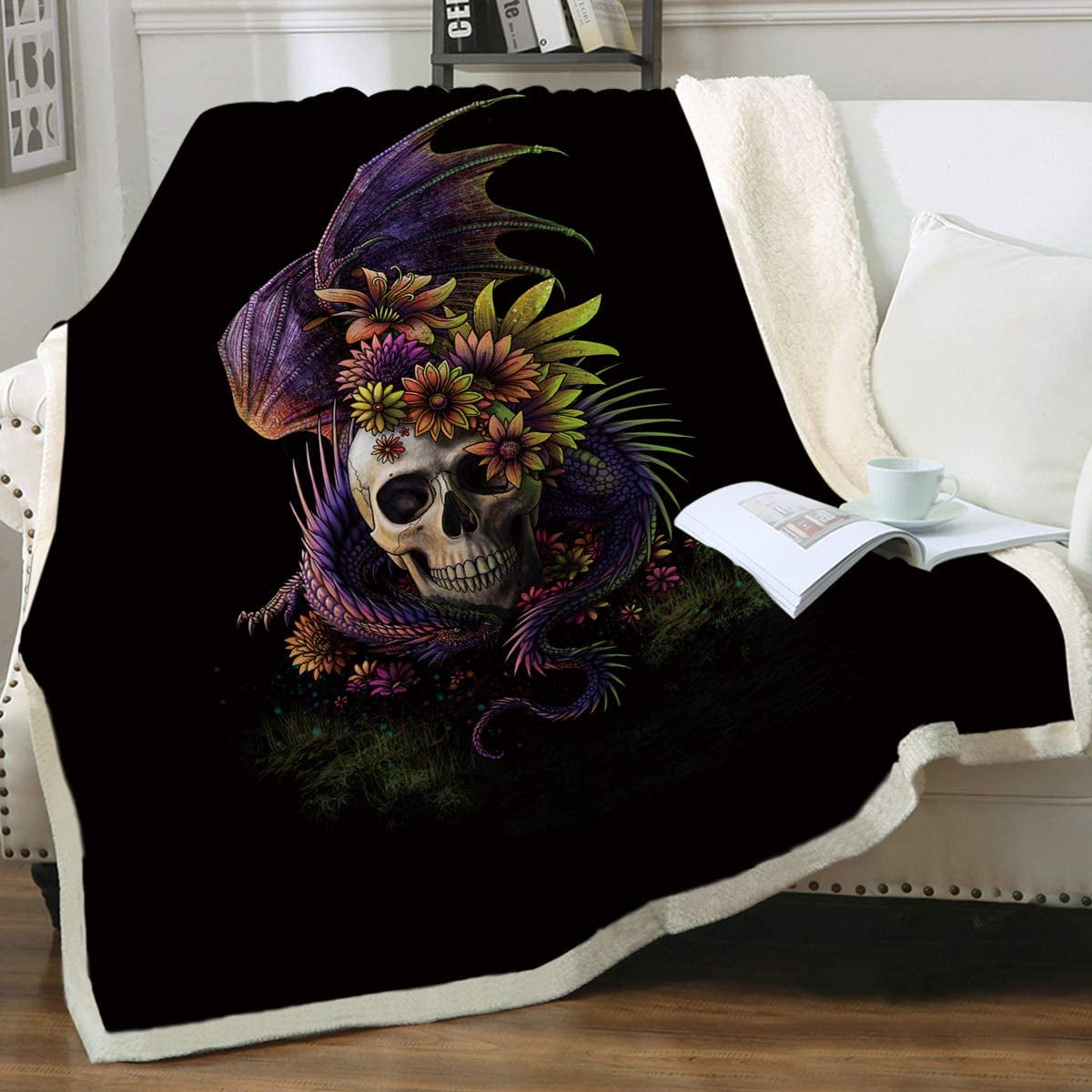 Throw Blanket Sherpa Fleece Blanket Boho Waman Soft Reversible Flannel Blanket Skull Flower Lightweight Blanket for Sofa Bedroom Couch 50x60 Inch