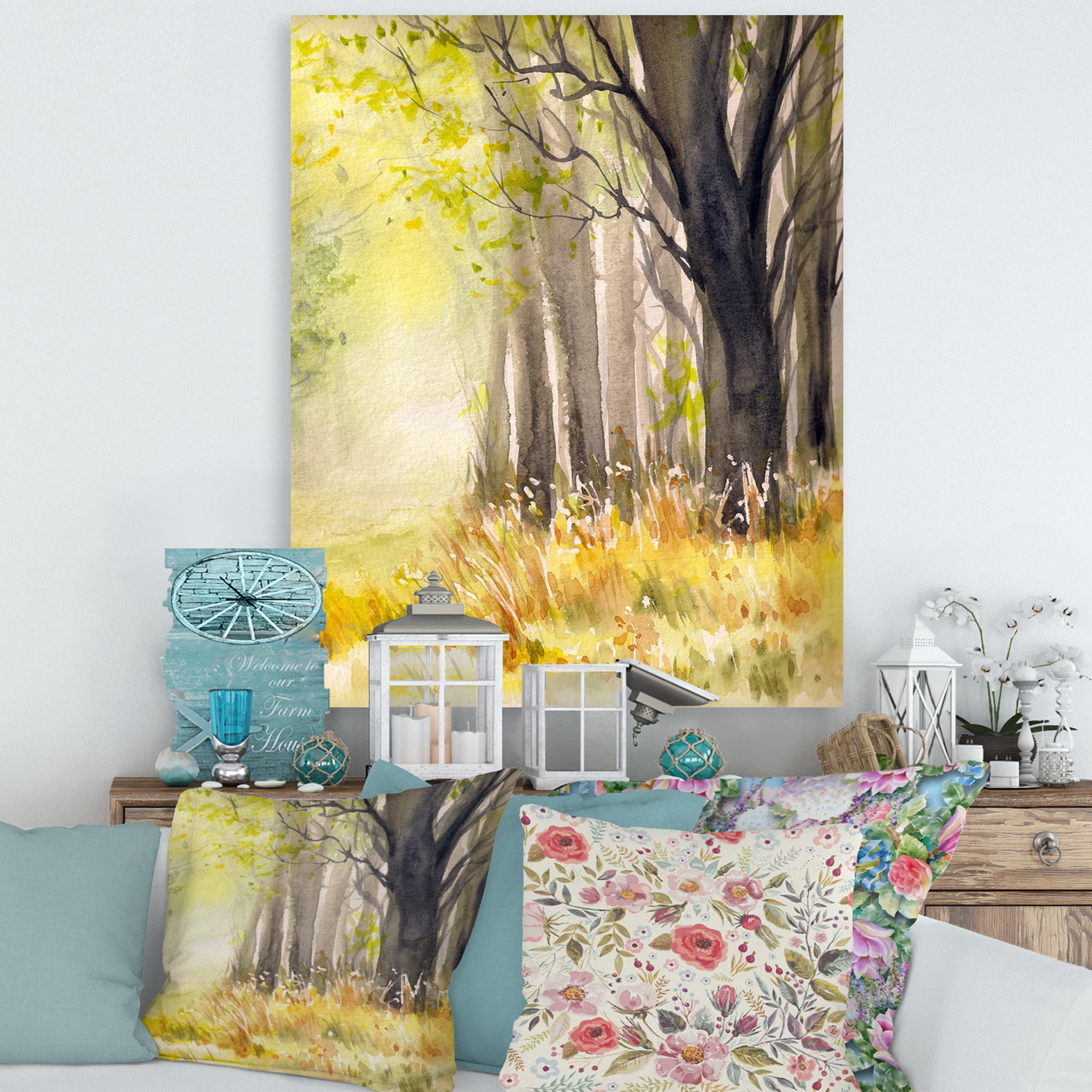 Designart ' Bright Sunshine Through The Yellow Forest Trees II ' Traditional Canvas Wall Art Print