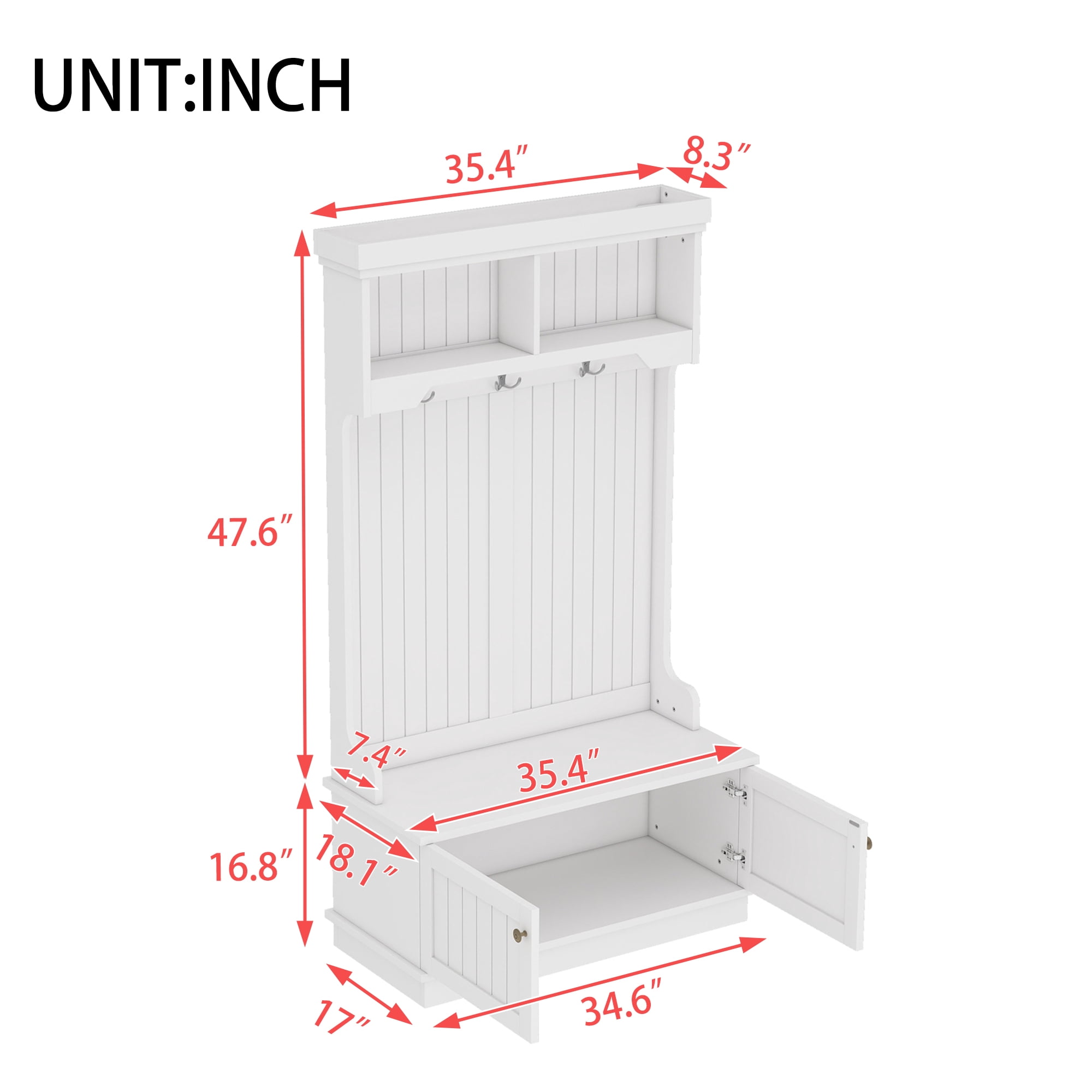Mintazer 4‑in‑1 Hall Tree with Hooks & Storage Bench, Multifunctional Entryway Coat Rack with Upper Open Shelves & Lower Cabinet for Living Room Mudroom Bedroom, White