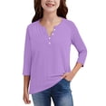 thumbnail image 3 of CCRFTGI 3/4 Length Sleeve Shirts for Child Girls Size 6-7 Cute Solid Raglan T Shirts Trendy V Neck Button Tee Shirts Soft Spring Day Outfit Purple 9-10 Years, 3 of 5