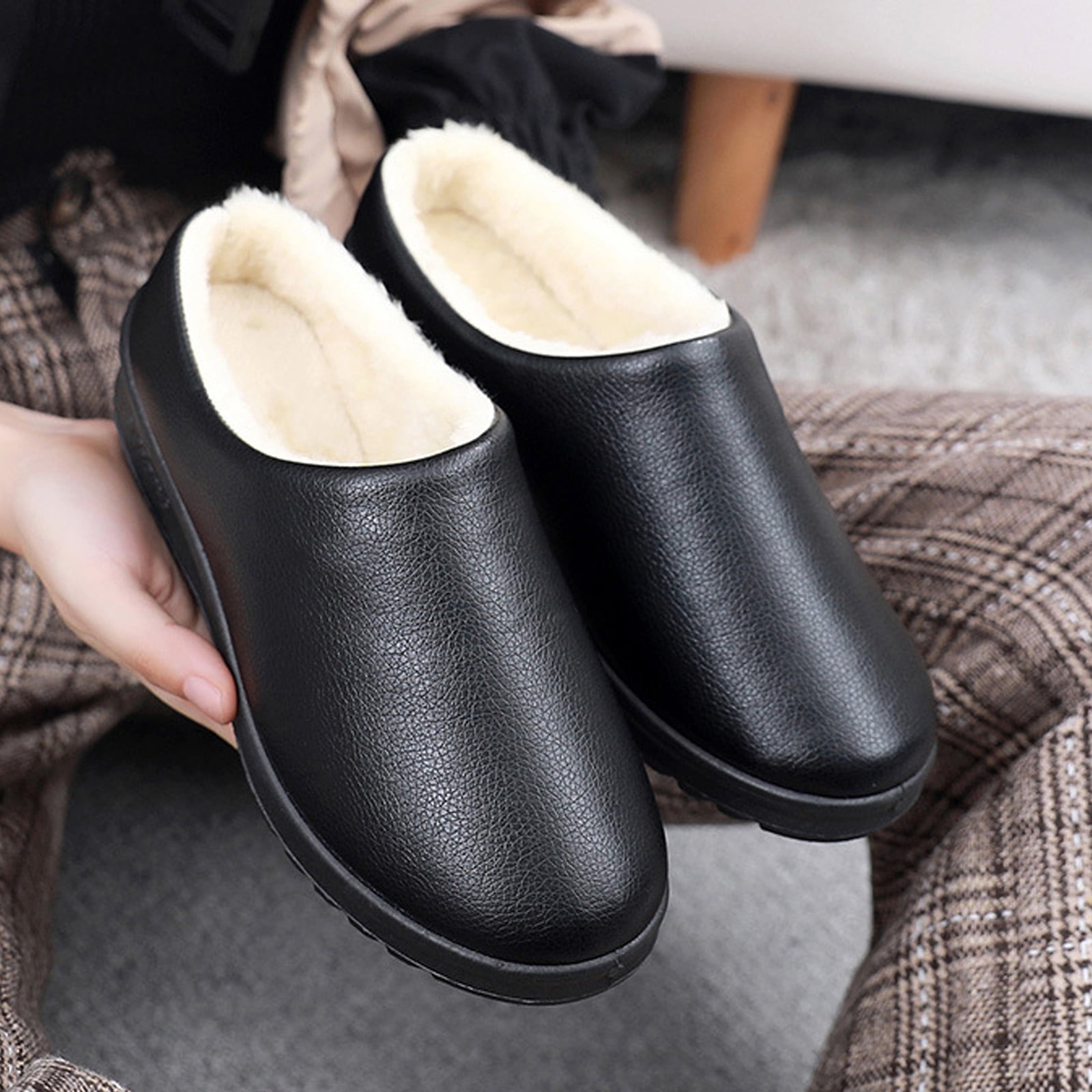 Women s Faux Leather Fur Lined Slippers Fashion Indoor Outdoor Non Slip Clog Slipper Cozy Fleece Warm Slide On Shoes Walmart