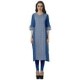 thumbnail image 1 of Moomaya V Neck Straight Tunic For Women Roll Up Sleeve Printed Cotton Kurta, 1 of 6