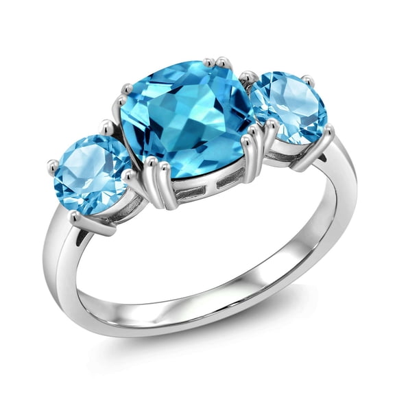 Gem Stone King 925 Sterling Silver Swiss Blue Topaz 3-Stone Engagement Ring for Women | 3.70 Cttw | Gemstone Birthstone | Cushion 8MM (Size 6)
