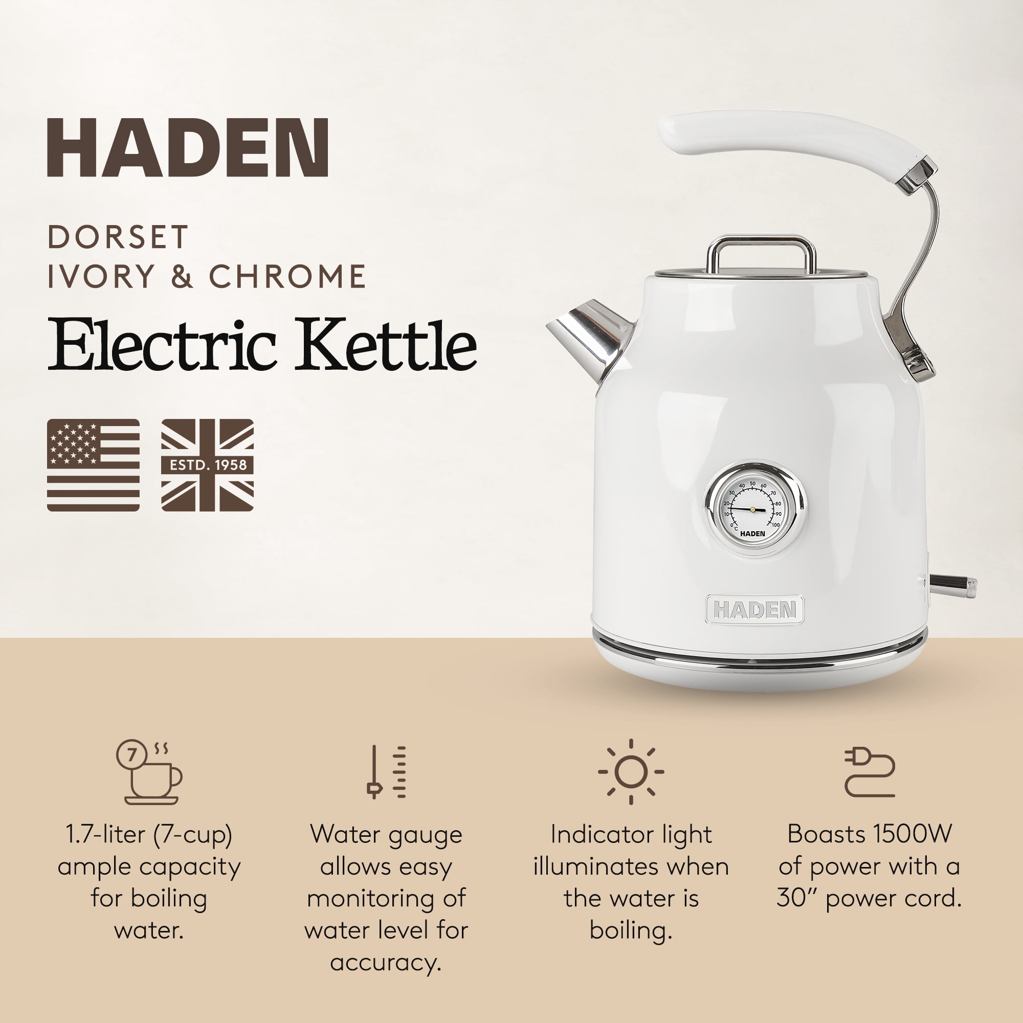 Haden Dorset Stainless Steel Electric Kettle - 1.7L (7 Cup) Tea Kettle