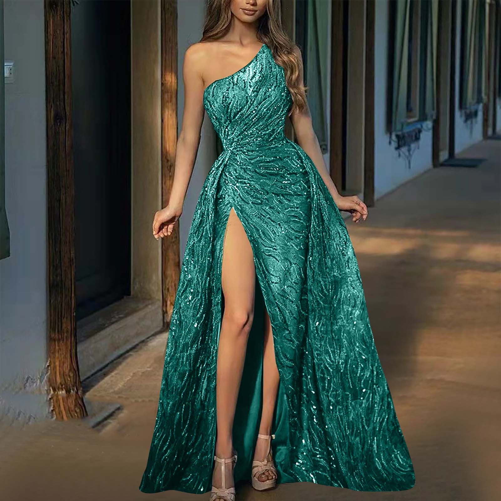 QIPOPIQ Women's Formal One Shoulder Sequin Velvet Prom Maxi Dress