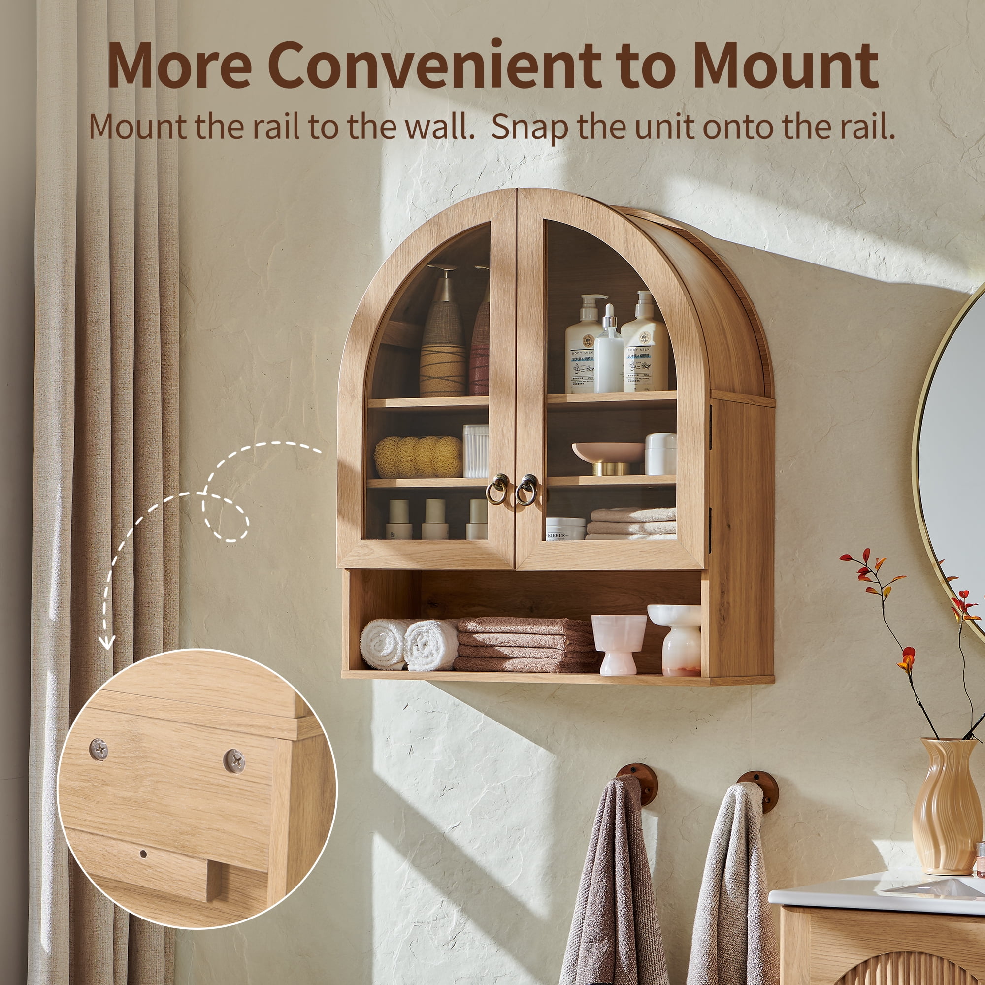 SinCiDo Arched Wall Cabinet with Adjustable Shelves & Glass Doors, Natural