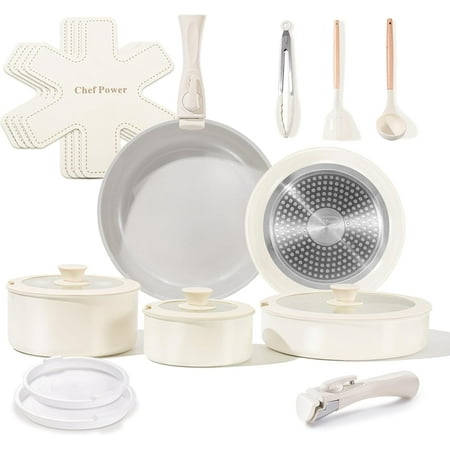 Ceramic Nonstick Pots and Pans Set 19 Piece with Detachable Handle, Induction Dishwasher Oven Safe Cookware Set, RV Kitchen Set Removable Handle, Granite Grey and White