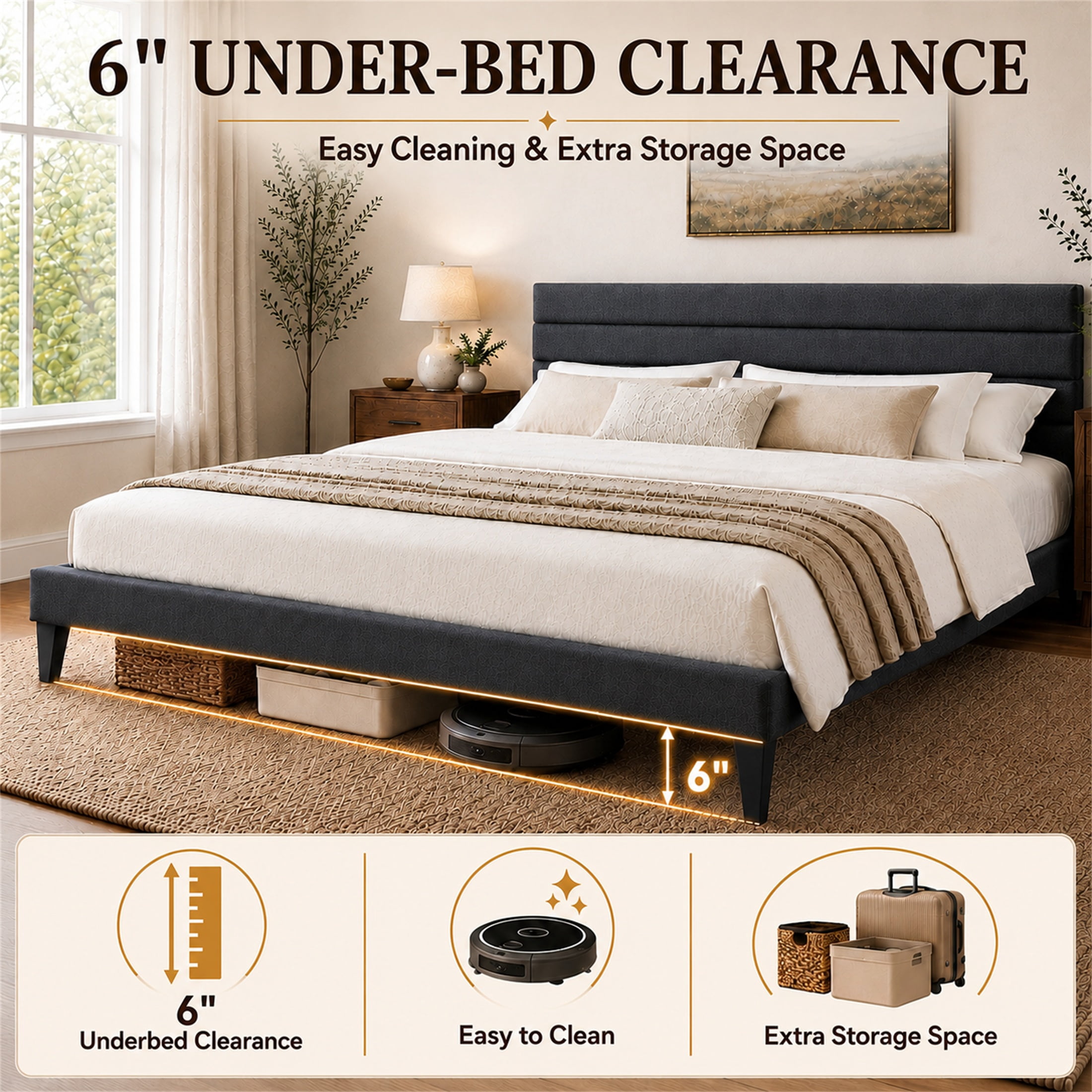 SESSLIFE King Size Bed Frame with Adjustable Upholstered Headboard, Linen Upholstered Platform Bed Frame King, Noise Free, No Box Spring Needed, Gray