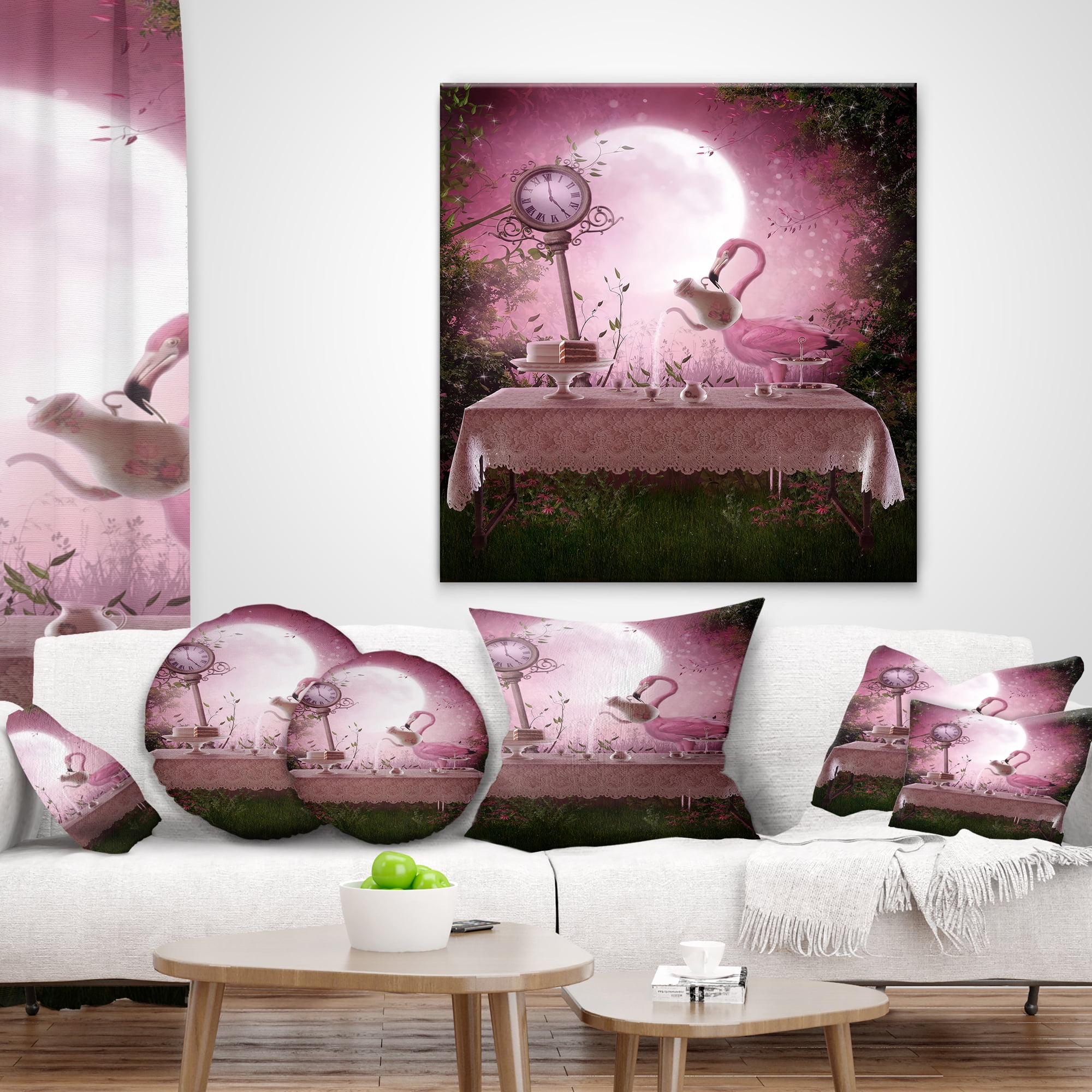 Designart Fantasy Garden with a Flamingo - Modern Landscape Printed Throw Pillow - 16x16