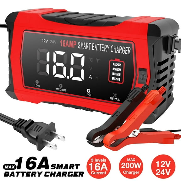 16A Car Battery Charger, 6V 12V 24V Smart Battery Charger Lithium, Lifepo4, Lead-Acid, Maintainer