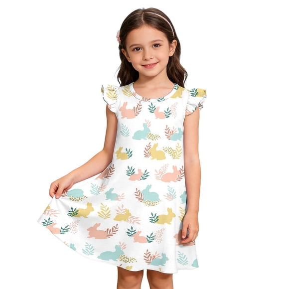FhsagQ Easter Dresses for Girls 10-12 Long Sleeve Easter Bunny Egg Print Girls Sleeveless Dress Cute Toddler Party Holiday Floral Smocked Dresses White Size 9-10 Years