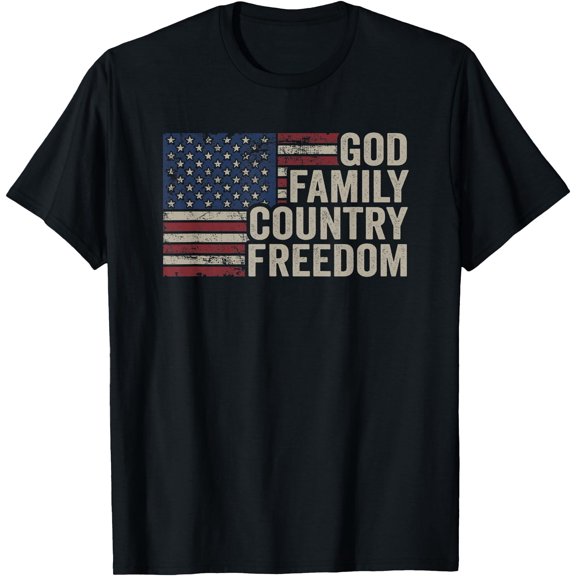 God Family Country Freedom - 4th July USA Flag Christian T-Shirt