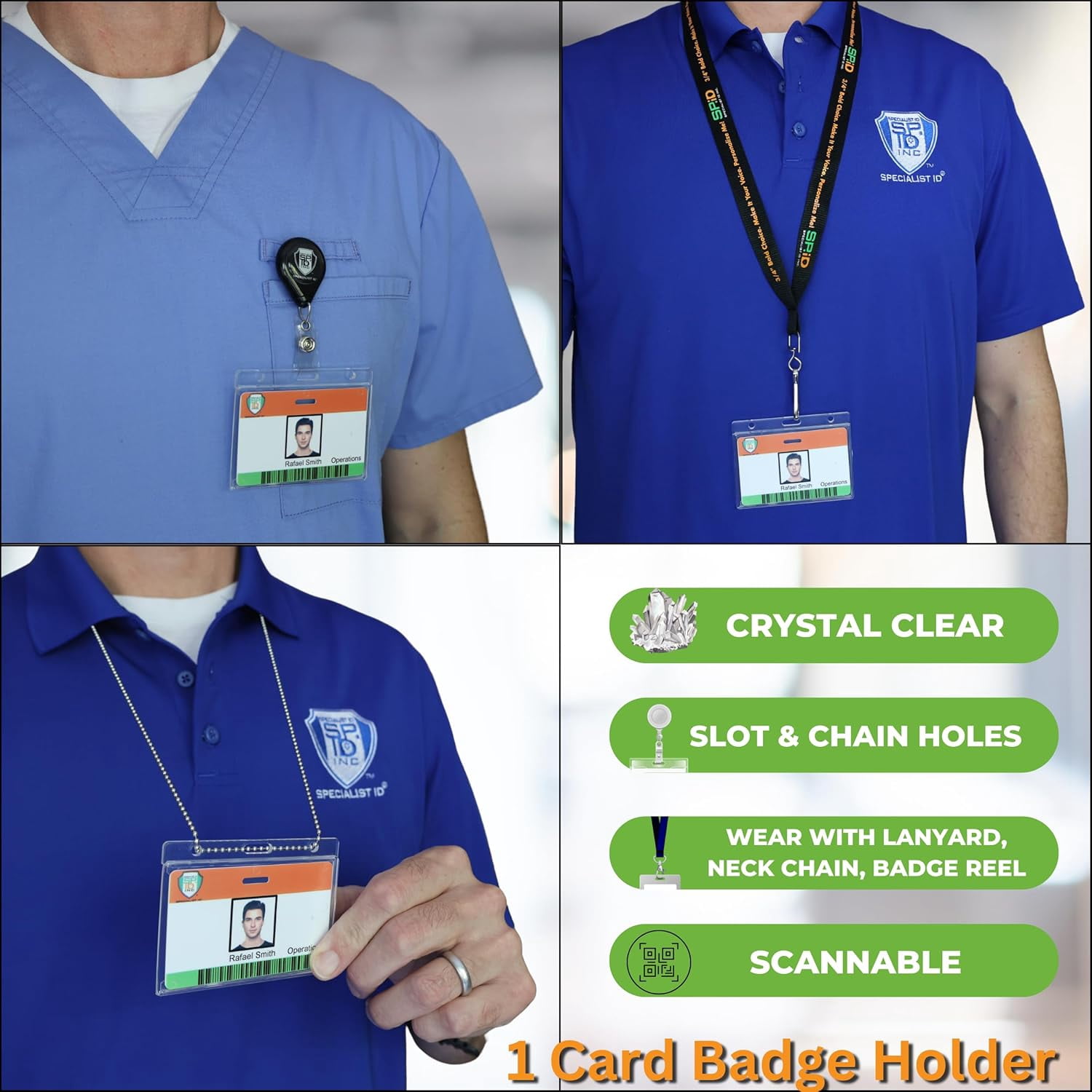 Bulk 50 Pack - Crystal Clear Heavy Duty Badge Holder Horizontal - Hard Plastic ID Badge Holder - Rigid Durable Single Card ID Case for 1 Single Landscape I'D Fits Your Lanyard by Specialist ID