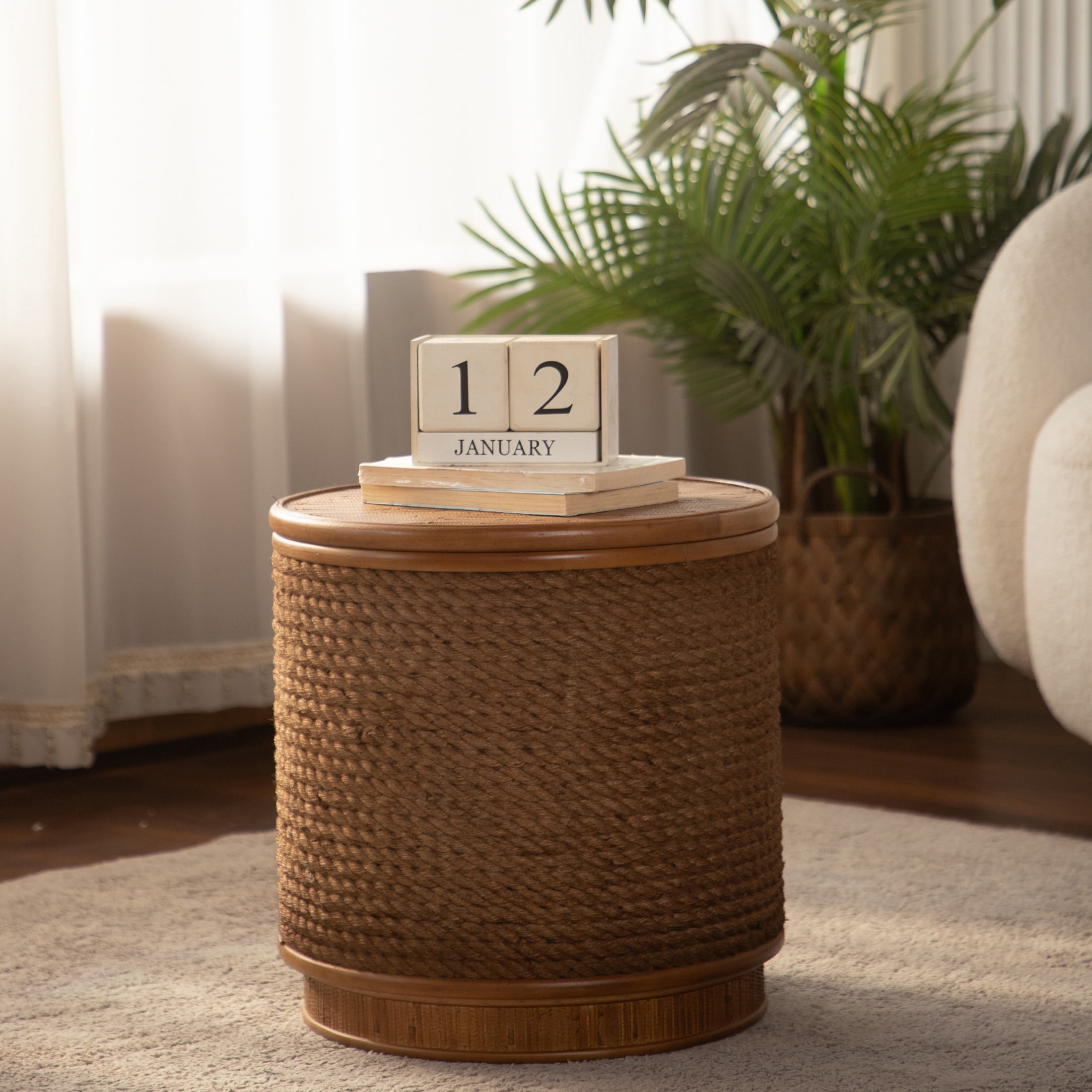 Noble House 16" Round Rattan Storage Coffee Table with Lift-Off Lid and Hand-Woven Rope Trim, Boho-Chic, Natural Wood