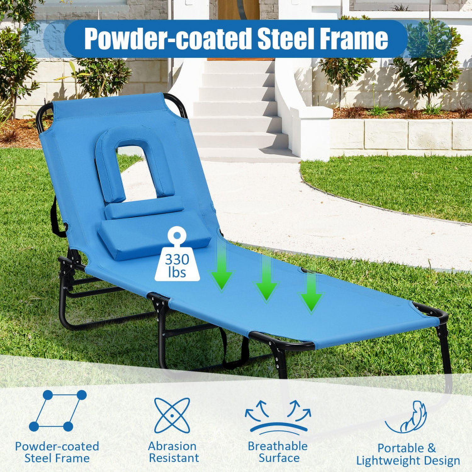 Aimee Lii Outdoor Folding Chaise Beach Pool Patio Lounge Chair Bed with Adjustable Back and Hole, Patio Loungers, Blue